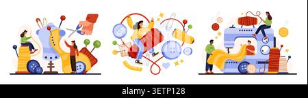 Creative sewing set with people using sewing machine, mannequin, fabric, needles, pins, buttons, thread, scissors, safety pins, colorful craft concept isolated on white background vector illustration Stock Vector