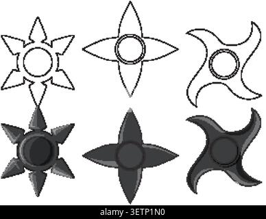 Vector illustration of various ninja throwing stars presented in both black solid and outline styles Stock Vector