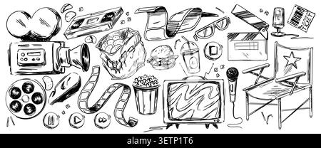Hand drawn cinema doodles with film camera, popcorn and chips, movie tickets, tv and glasses. Retro entertainment sketch vector icons, director chair and clapper board, theater and festival art design Stock Vector
