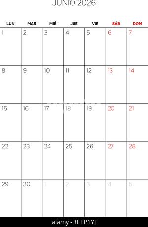 June 2026 Spanish Professional Calendar Grid Clean Minimalist Monthly Planner Stock Vector
