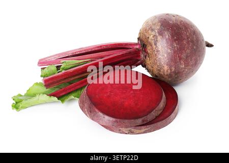 Whole and cut young beets with green leaves isolated on white Stock Photo