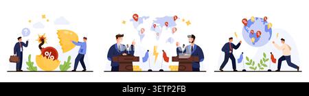 Businessmen argue over tariffs, sanctions, and global trade wars with exploding percentage bomb, podium debate, and fighting countries around world map isolated on white background vector illustration Stock Vector