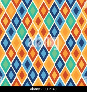 Circus harlequin patterns, rhombus lozenge pattern with diamond-shaped motifs in contrasting colors. Vector visually striking and repetitive tile design associated with traditional theatrical costumes Stock Vector