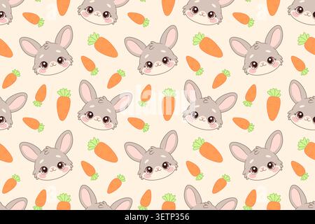 Seamless pattern with easter bunny. Cute smiling baby rabbit and carrots on beige background. Hand drawn flat style. For Easter decorations, childrens apparel, baby textile prints, wrapping paper. Stock Vector