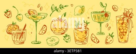 Vintage sketch set of cocktail glasses with tropical drinks on yellow background. Vector illustration of hand drawn beverages with fruit, berries, ice and alcohol, summer bar or party menu design Stock Vector