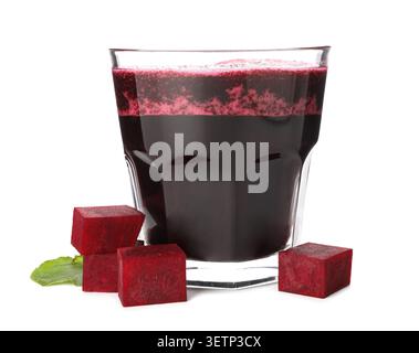 Beetroot juice in glass and fresh beet cubes isolated on white Stock Photo
