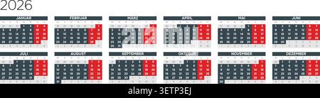 German 2026 Horizontal 6x2 Grid Ultra Minimalist Line Art Calendar Sheet Thin Grid Year Planner (Compatible with 2037 and 2043). Stock Vector