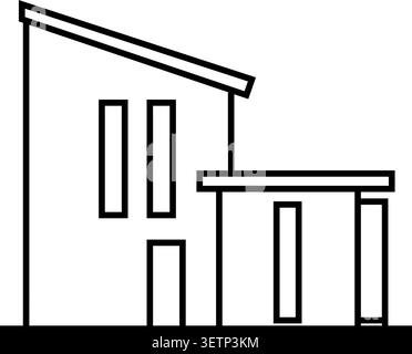Simple line illustration of a modern house with a slanted roof tall windows and an attached lower section Stock Vector