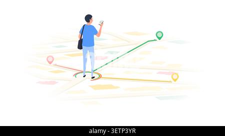 Concept of carsharing services. Man Using Car Sharing or Ride Hailing App on City Map. Vector illustration Stock Vector