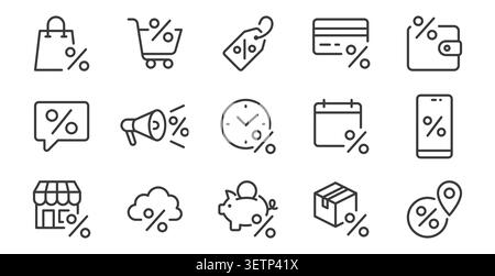 Discount line icon set. Sale price tag, shop percentage sign, marketing promotion, shopping bag, piggy bank savings, economical vector illustration Stock Vector
