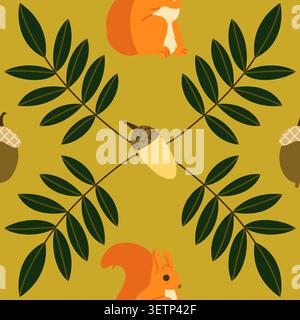 Cute Squirrel and Autumn Leaves Seamless Pattern Stock Vector