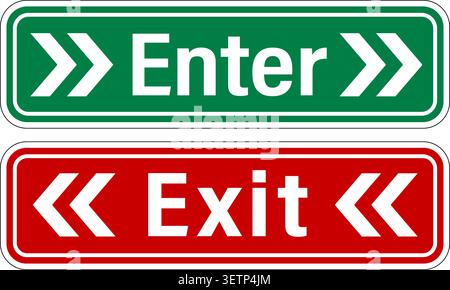 Green Enter sign and red Exit sign with two right arrows on both side of the words. horizontal shape. Sticker. Stock Vector