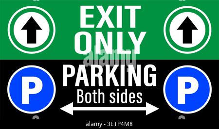 Exit only, parking both sides. Two green and blue road sign assembled together for large parking lots. Texts, directional arrows and symbols. Stock Vector