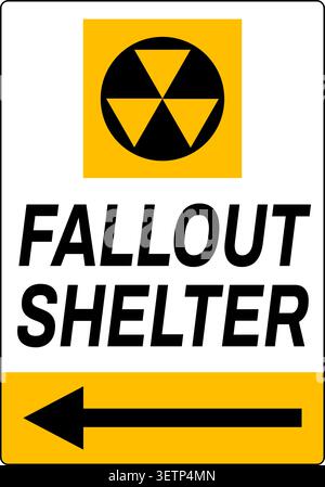 Fallout shelter, notice with the nuclear sign, text and directional arrow. White, yellow and black color. Stock Vector