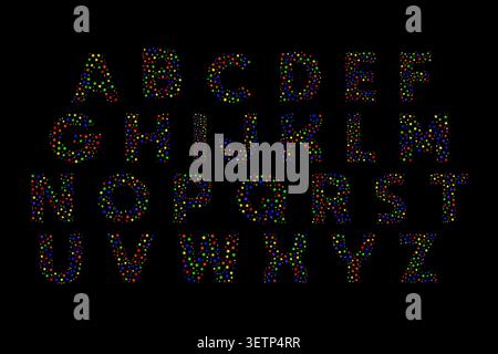 A collection of illuminated LED-style letters from A to Z and numbers 0 to 9 glowing brightly against a dark backdrop, perfect for tech, digital, or m Stock Vector