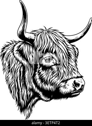 Highland cow with long horns facing forward Stock Vector