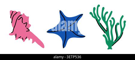 Starfish, coral and seashell vector illustration isolated on white background. Hand drawn pink conch shell, blue sea star and green seaweed element Stock Vector