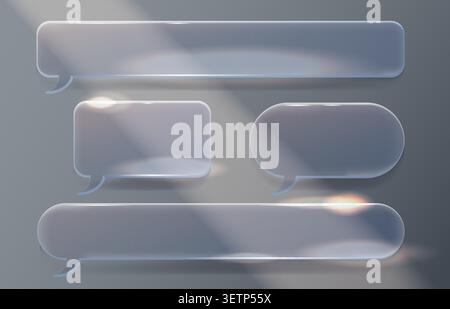 Glass morphism speech bubble set isolated on background. Vector realistic illustration of transparent 3D message boxes with light gloss effect, modern chat icons for UI design, glowing text frames Stock Vector