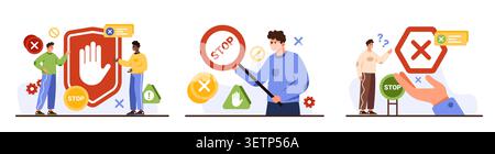 People interacting with stop signs, prohibition icons, and security alerts, showing access denial, restriction, and error notification concepts, isolated on white background vector illustration Stock Vector