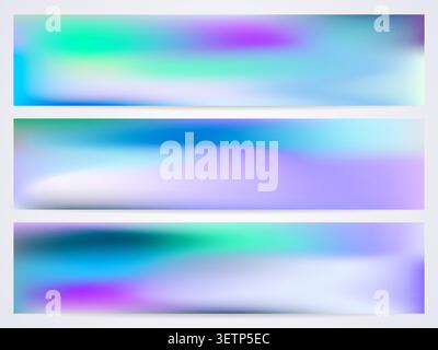 Holographic gradient vector set. Abstract iridescent background collection. Three wide horizontal creative banner with liquid blurred soft blend color Stock Vector
