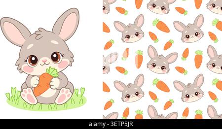 Cute baby bunny rabbit with carrot and seamless pattern on white background. Hand drawn flat style set. For Easter decorations, nursery wallpaper, childrens apparel, baby textile prints, stickers. Stock Vector