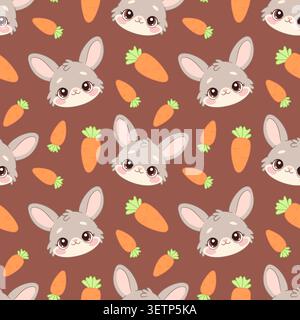 Cute seamless pattern with rabbit and orange carrots on brown background. Hand drawn flat style. For Easter decorations, nursery wallpaper, childrens apparel, baby textile prints, wrapping paper. Stock Vector