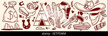 Doodle set of western cowboy and indian elements. Vector set of vintage horseshoe, sheriff hat, boot, money sack icons, wigwam, cactus, grand canyon outline, hand drawn sketch country design pattern Stock Vector