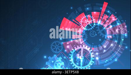 Abstract scientific background with mechanical gears cogs and glowing geometric circles Stock Vector