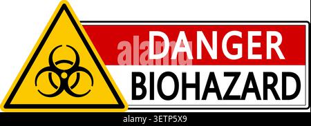 Danger biohazard. Yellow triangle warning sign with symbol and text on white and red background by side. Sticker Stock Vector