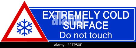 Extremely cold surface, do not touch. Warning sign with triangle symbol, snowflake symbol and text on blue background. Rectangle shape. Stock Vector