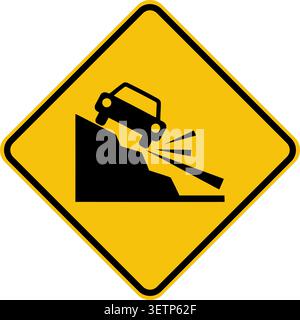 A bright yellow diamond-shaped warning sign illustrating a car skidding down a steep, black triangle road slope, indicating caution for drivers on hil Stock Vector