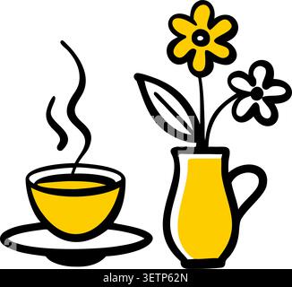 A cheerful vector illustration featuring a steaming yellow cup of tea on a saucer paired with a yellow vase holding two bright flowers. Stock Vector