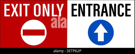 Exit only, entrance. Red and white information sign with texts, No entry symbol and One way arrow blue symbol. Stock Vector