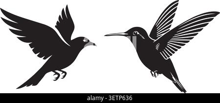 Two elegant black silhouette birds in mid-flight with wings fully spread, showcasing graceful movement and contrast against a clean background. Stock Vector