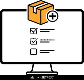 A clean, minimalist computer screen displaying a shopping order confirmation with two checked boxes and one unchecked, featuring a yellow package icon Stock Vector