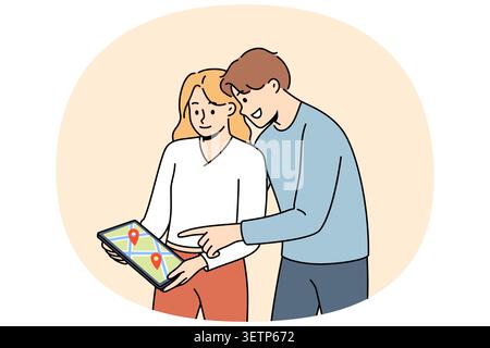 Digital maps are used by man and woman to plot route while traveling to new city. Happy couple holding electronic tablet with street map for navigation and geotags of must-see places Stock Vector