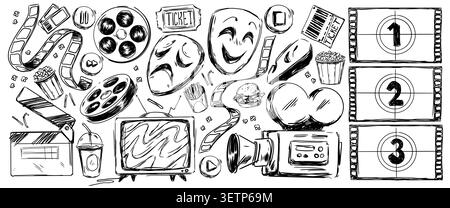 Sketch cinema icons set with old movie camera, ticket, popcorn and film elements on white background. Vector set of doodle theater masks, countdown screen templates, clapperboard, retro film reels Stock Vector