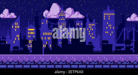 Pixel art city night background with retro 8-bit buildings, bright purple sky and yellow stars, cartoon vector illustration. Mosaic texture, urban game level design for arcade video games Stock Vector