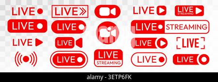 Set of live streaming icons and buttons for digital broadcast and video content. Vector illustration. Stock Vector