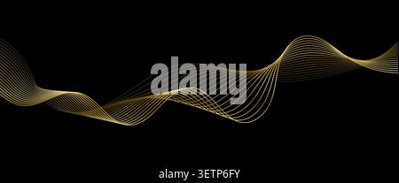 Golden line wave flow, abstract elegant luxury background with flowing elegant motion and fluid curve with smooth and luminous pattern. Glow movement texture, 3d rhythm or soundwaves for presentations Stock Vector
