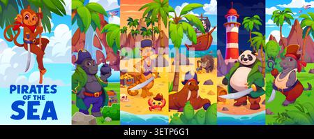 Cartoon animal pirates and funny corsair sailors collage. Cute panda, tiger and monkey pirates with swords, gorilla, crab and walrus animals in captain hats, hippo corsair with hook at treasure island Stock Vector