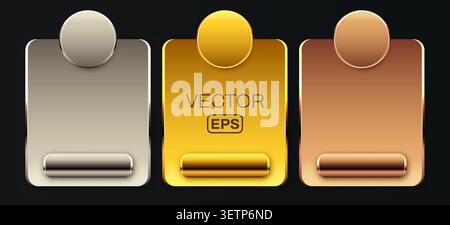 Metallic button frames and UI design elements in gold silver and bronze for web interface. Vector illustration. Stock Vector