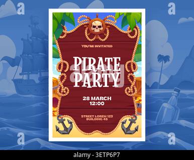 Cartoon caribbean pirates and corsair party flyer. Pirate sail ship and treasure map in bottle floating on sea waves, wood sign board with anchors, rope and skull flyer for kids treasure hunt party Stock Vector