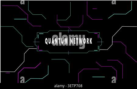Quantum Network Background Template: Dark Cyber Tech Circuit Board Interface with Neon Blue and Pink Lines Stock Vector