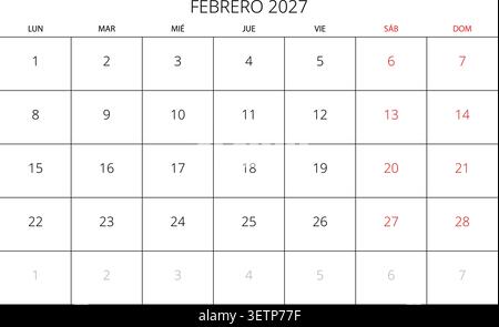 February 2027 Spanish Minimalist Wall Calendar Page Corporate Project Management Layout Stock Vector