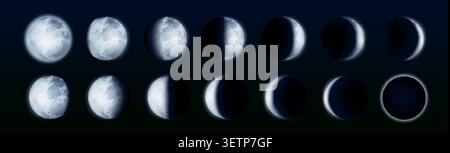 Realistic moon illustration with surface craters and lunar texture, 3d vector icons isolated on black background. Planet eclipse phases, full size and crescent view for astronomy space projects Stock Vector