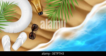 Sandy beach banner with sunscreen, sunglasses, flip flops and inflatable ring and palm leaves on summer sea shore, 3d realistic vector background, top view. Tropical product display for cosmetic ads Stock Vector