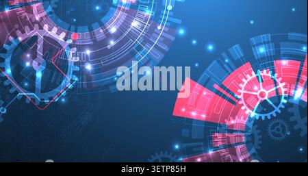 Abstract scientific background with mechanical gears cogs and glowing geometric circles Stock Vector