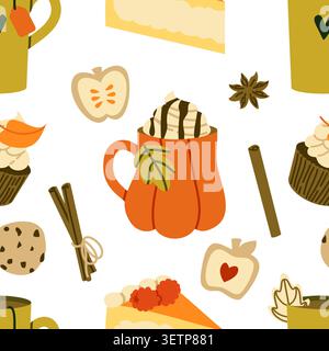 Cozy Autumn Sweets and Hot Drinks Seamless Pattern Stock Vector