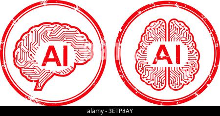 Stylized digital badge featuring a brain integrated with circuit patterns and bold AI letters, glowing with a vibrant red outline for a futuristic tec Stock Vector
